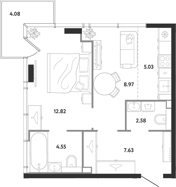 Планировка: 1-комнатная квартира 41,6 м² в ЖК «Ридж»