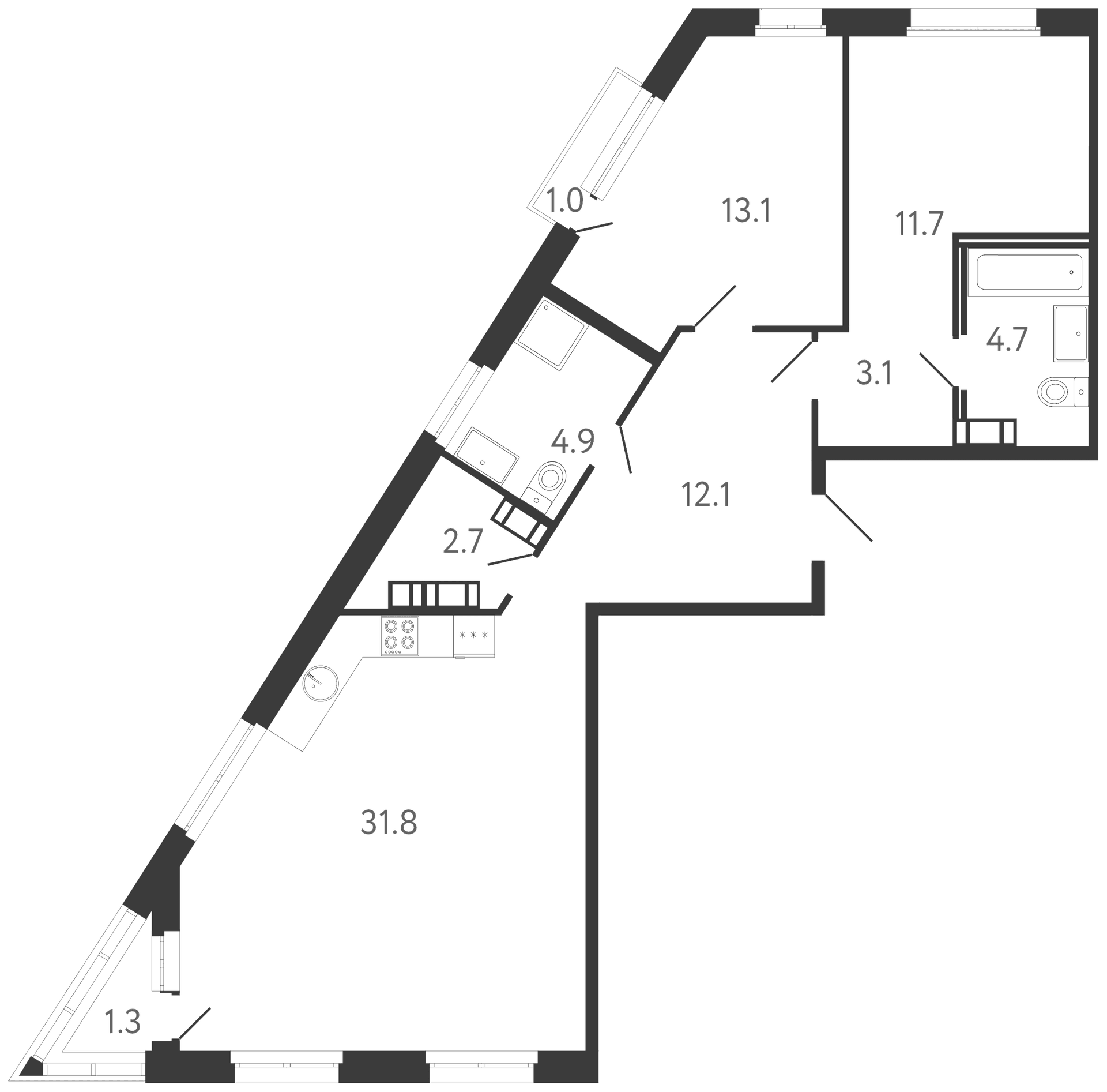 Планировка: Евротрёшка 84,1 м² в ЖК «Куинджи»
