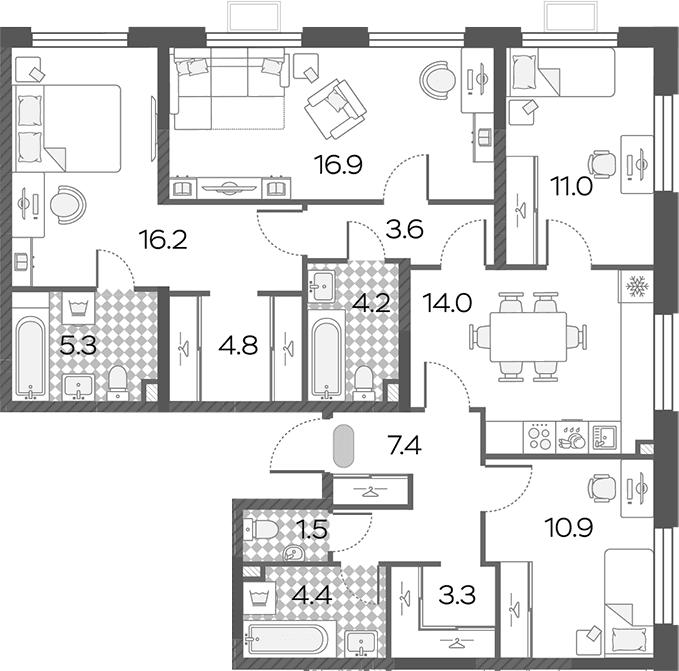 Планировка: 4-комнатная квартира 103,5 м² в ЖК «Лучи»