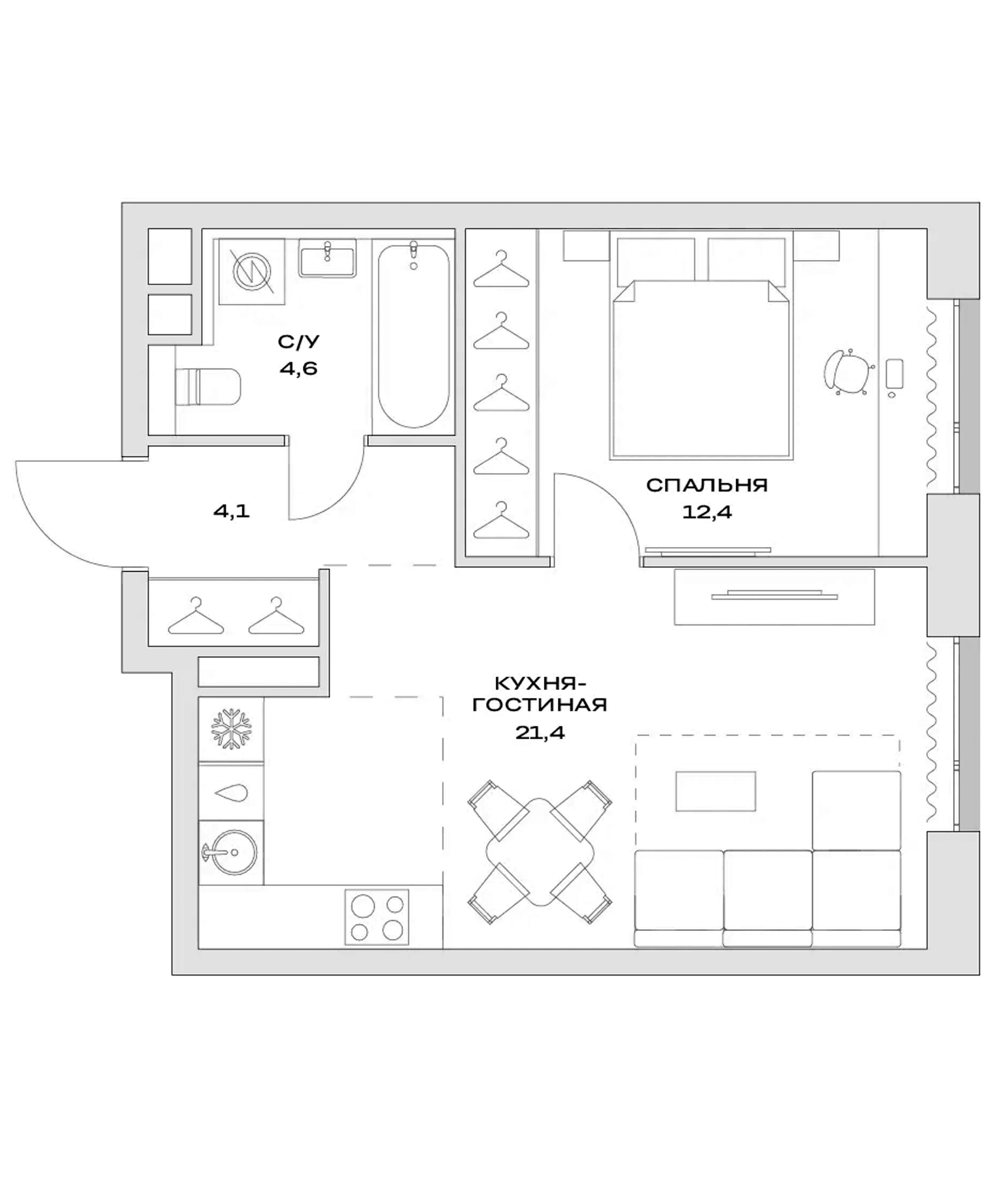 Планировка: 1-комнатная квартира 42,5 м² в ЖК «Детали»