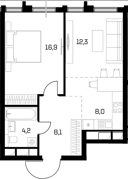 Планировка: Евродвушка 49,5 м² в ЖК «Дом 56»