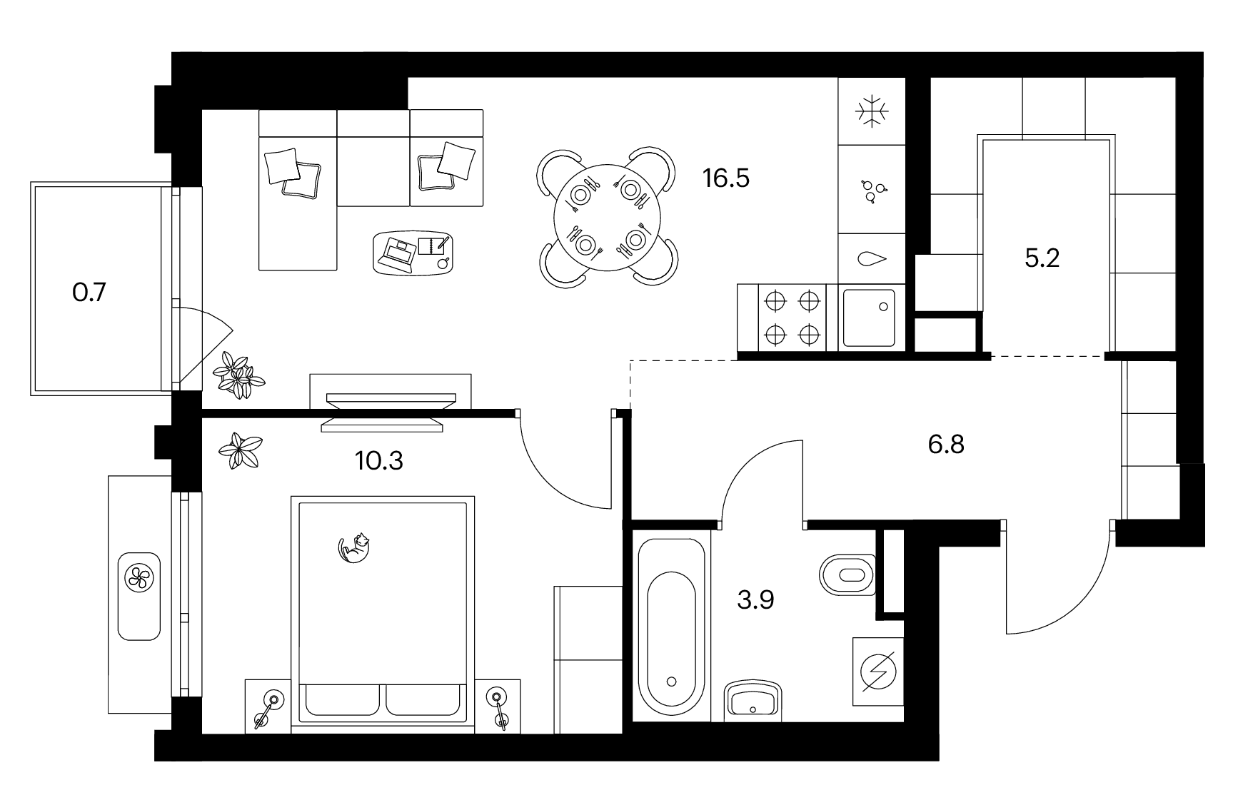 Планировка: 1-комнатная квартира 42,7 м² в ЖК «Белая Дача парк»