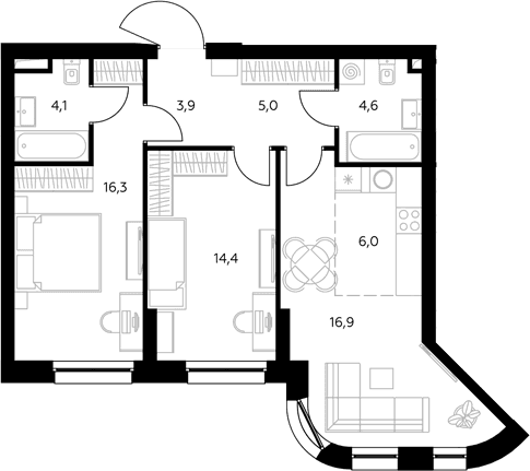 Планировка: Евротрёшка 71,4 м² в ЖК «Адмирал»