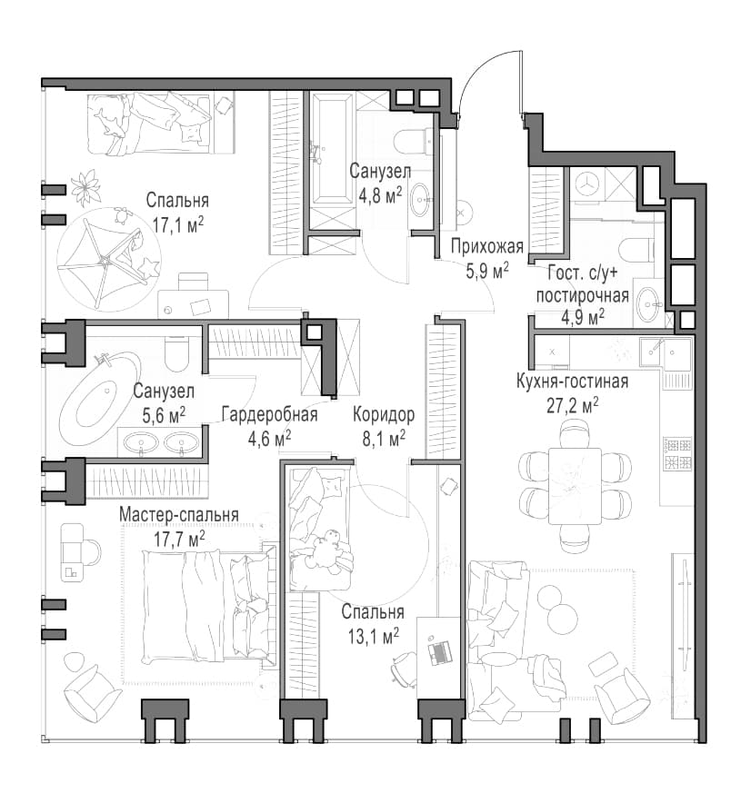 Планировка: Квартира евро-4 108,6 м² в ЖК «Квартал Life Time»