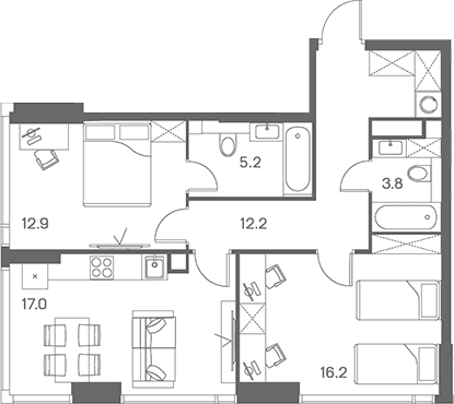 Планировка: Евротрёшка 67,3 м² в ЖК «ЛОТ от Аквилон»