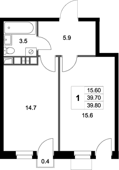 Планировка: 1-комнатная квартира 39,7 м² в ЖК «Легенда Марусино»