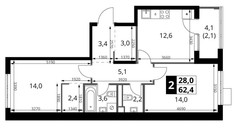Планировка: 2-комнатная квартира 60,3 м² в ЖК «1-й Ясеневский»