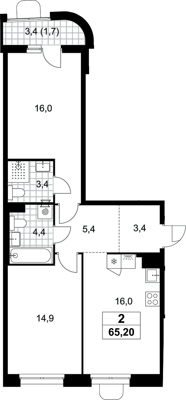 Планировка: Евротрёшка 63,5 м² в ЖК «Прокшино»
