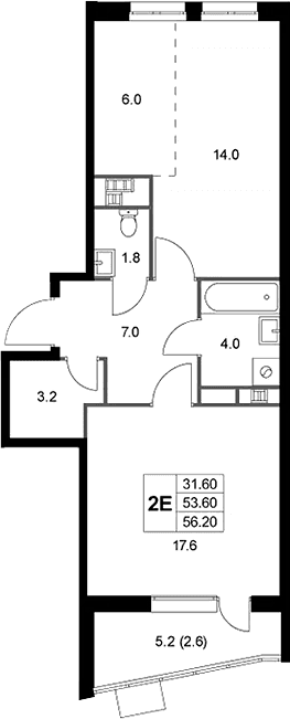 Планировка: Евродвушка 53,9 м² в ЖК «Легенда Коренево»