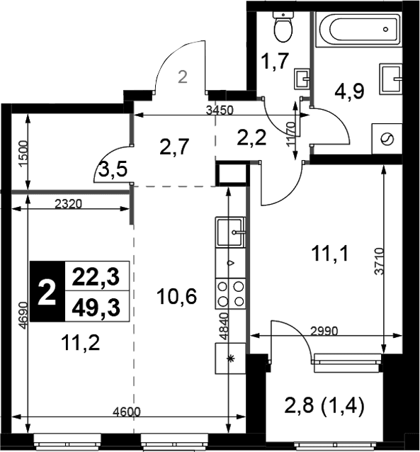 Планировка: Евродвушка 47,9 м² в ЖК «1-й Химкинский»