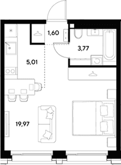 Планировка: Студия 30,4 м² в ЖК «ЭВО»