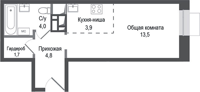 Планировка: Студия 27,9 м² в ЖК «Киноквартал»