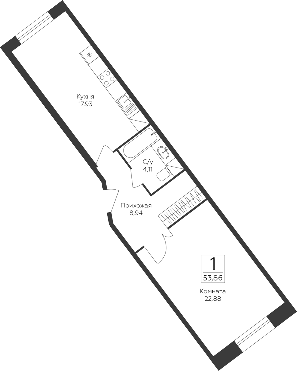 Планировка: 1-комнатная квартира 53,9 м² в ЖК «Пахра Сити»