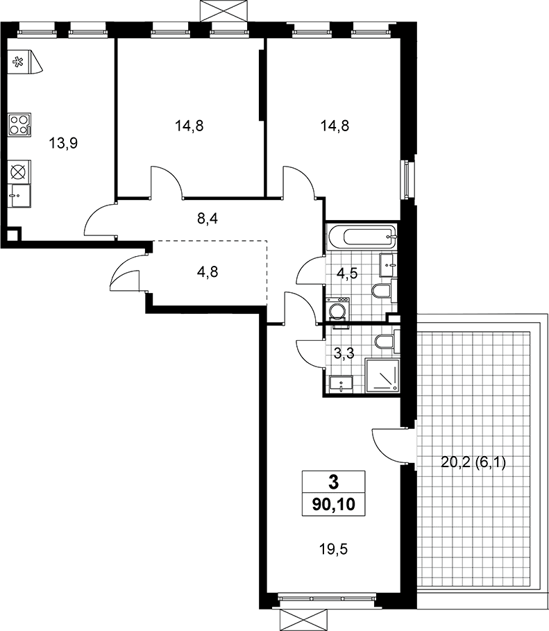 Планировка: 3-комнатная квартира 84 м² в ЖК «Прокшино»