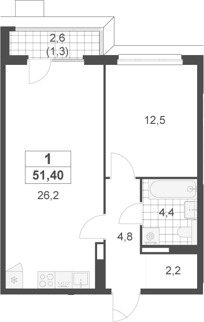 Планировка: Евродвушка 50,1 м² в ЖК «Скандинавия»