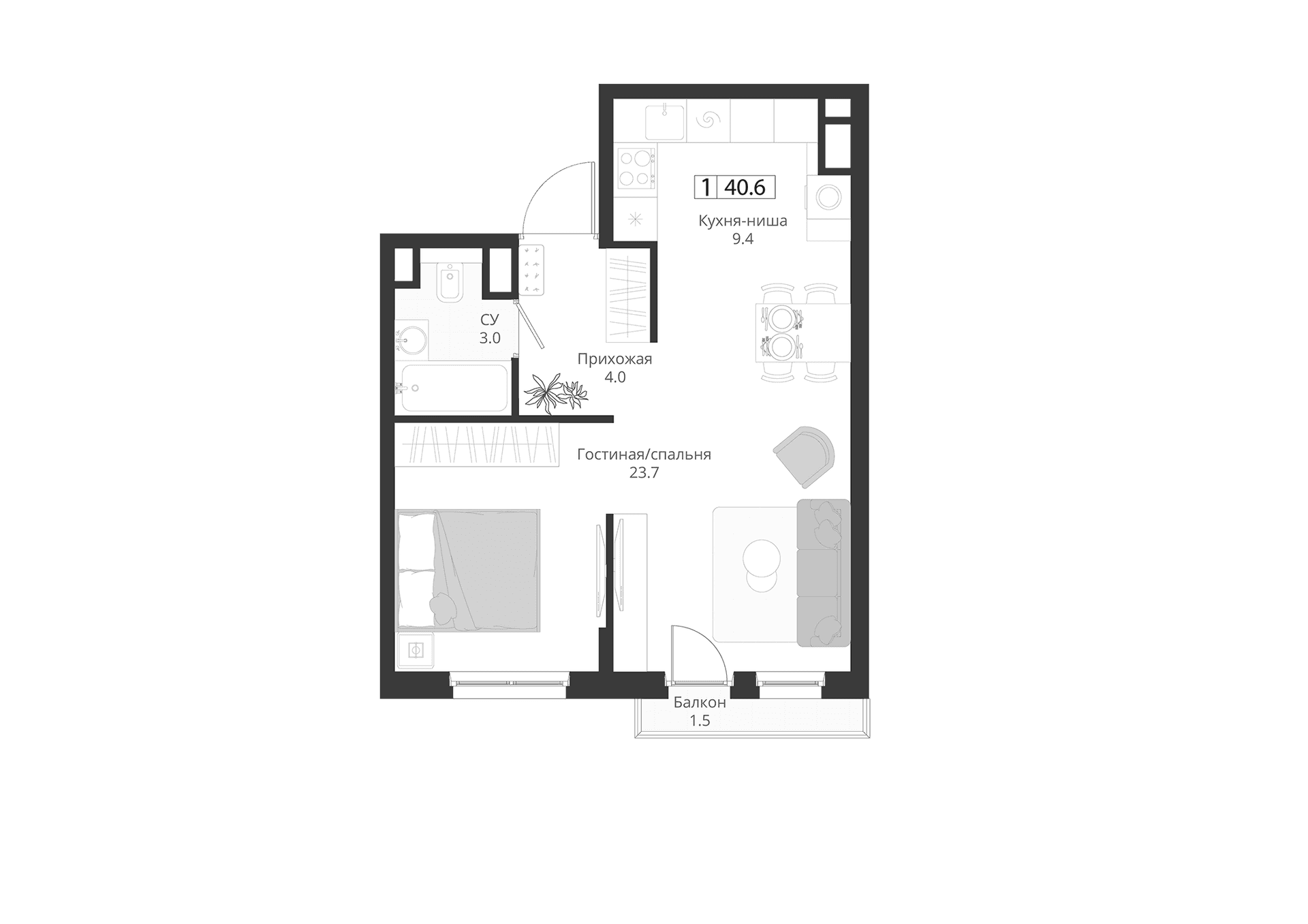 Планировка: Студия 40,1 м² в ЖК «ГРЭЙ»