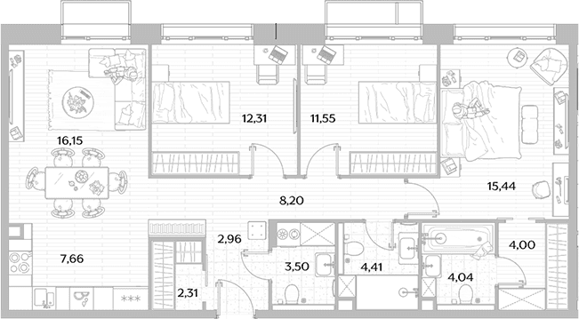 Планировка: Квартира евро-4 92,5 м² в ЖК «МЫС»