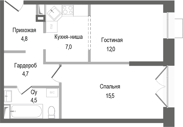Планировка: Евродвушка 48,5 м² в ЖК «Киноквартал»