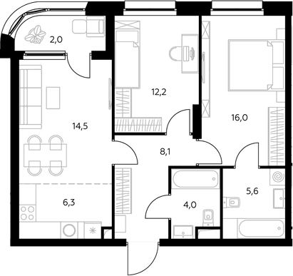 Планировка: Евротрёшка 67,5 м² в ЖК «Адмирал»