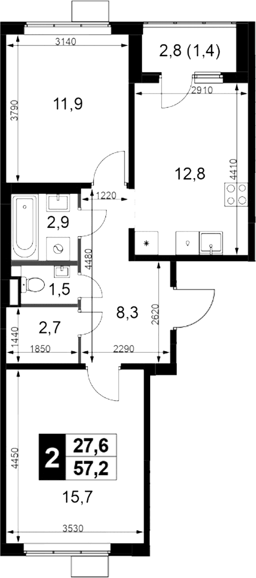 Планировка: 2-комнатная квартира 55,8 м² в ЖК «1-й Химкинский»