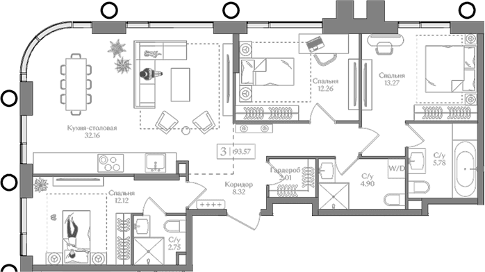 Планировка: Квартира евро-4 93,6 м² в ЖК «Преображенская площадь»