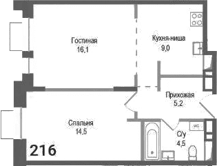 Планировка: Евродвушка 49,3 м² в ЖК «Киноквартал»