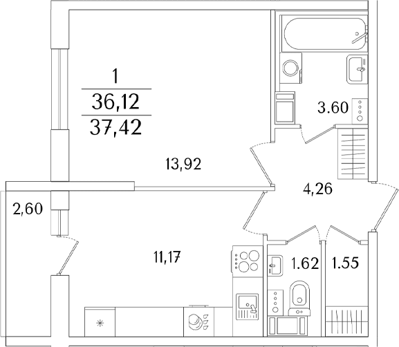 Планировка: 1-комнатная квартира 36,1 м² в ЖК «Кинопарк»