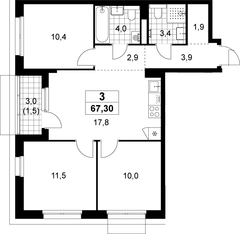Планировка: Квартира евро-4 65,8 м² в ЖК «Деснаречье»