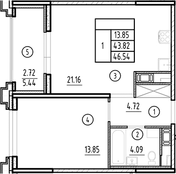 Планировка: Евродвушка 43,8 м² в ЖК «Ассамблея»