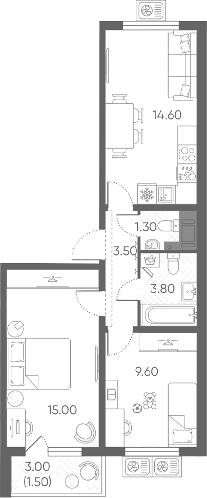Планировка: Евротрёшка 47,8 м² в ЖК «Ручьи 2»