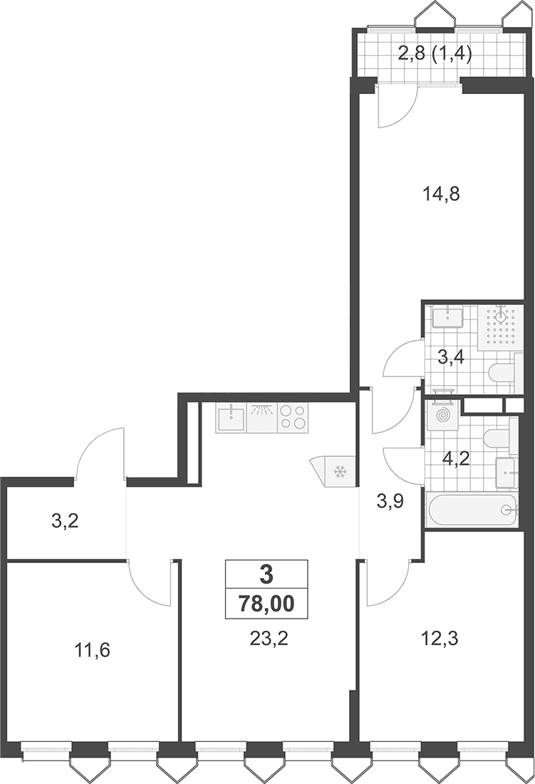 Планировка: Квартира евро-4 76,6 м² в ЖК «Деснаречье»
