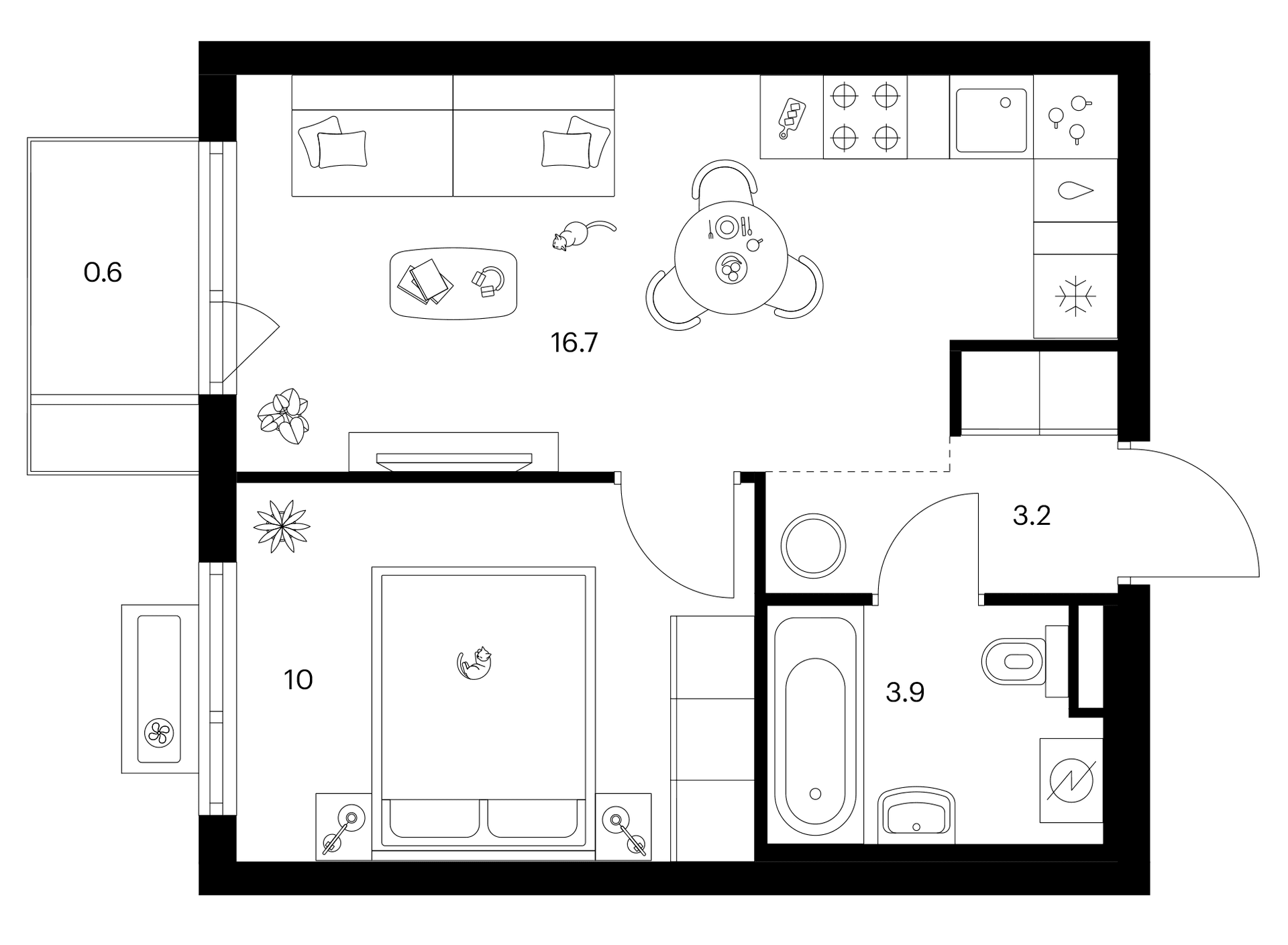 Планировка: 1-комнатная квартира 33,8 м² в ЖК «Белая Дача парк»