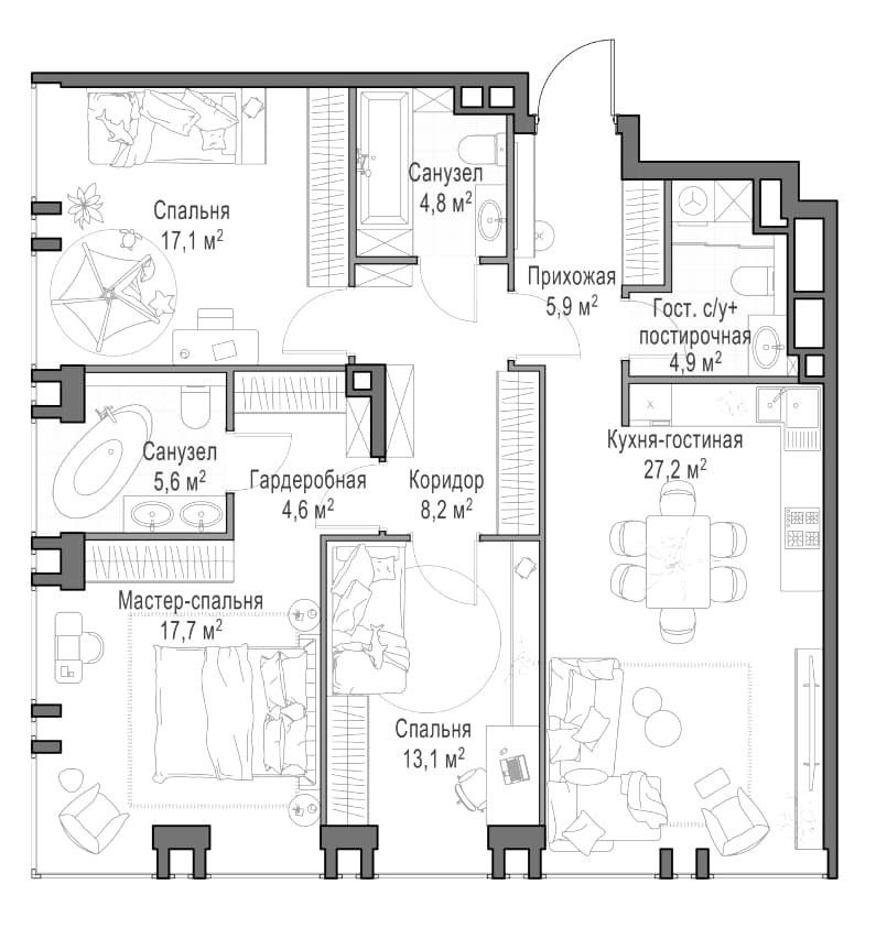 Планировка: Квартира евро-4 109 м² в ЖК «Квартал Life Time»
