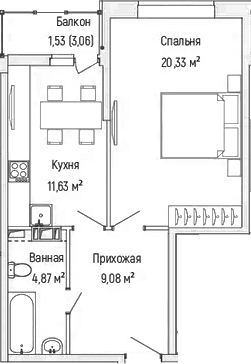 Планировка: 1-комнатная квартира 45,9 м² в ЖК «Рига Хиллс»