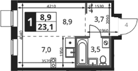 Планировка: Студия 23,7 м² в ЖК «1-й Ясеневский»