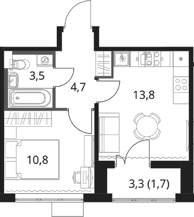 Планировка: 1-комнатная квартира 32,9 м² в ЖК «1-й Шереметьевский»