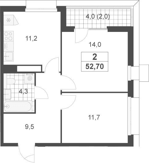 Планировка: 2-комнатная квартира 50,7 м² в ЖК «Скандинавия»