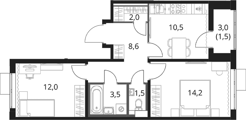 Планировка: 2-комнатная квартира 52,3 м² в ЖК «1-й Шереметьевский»