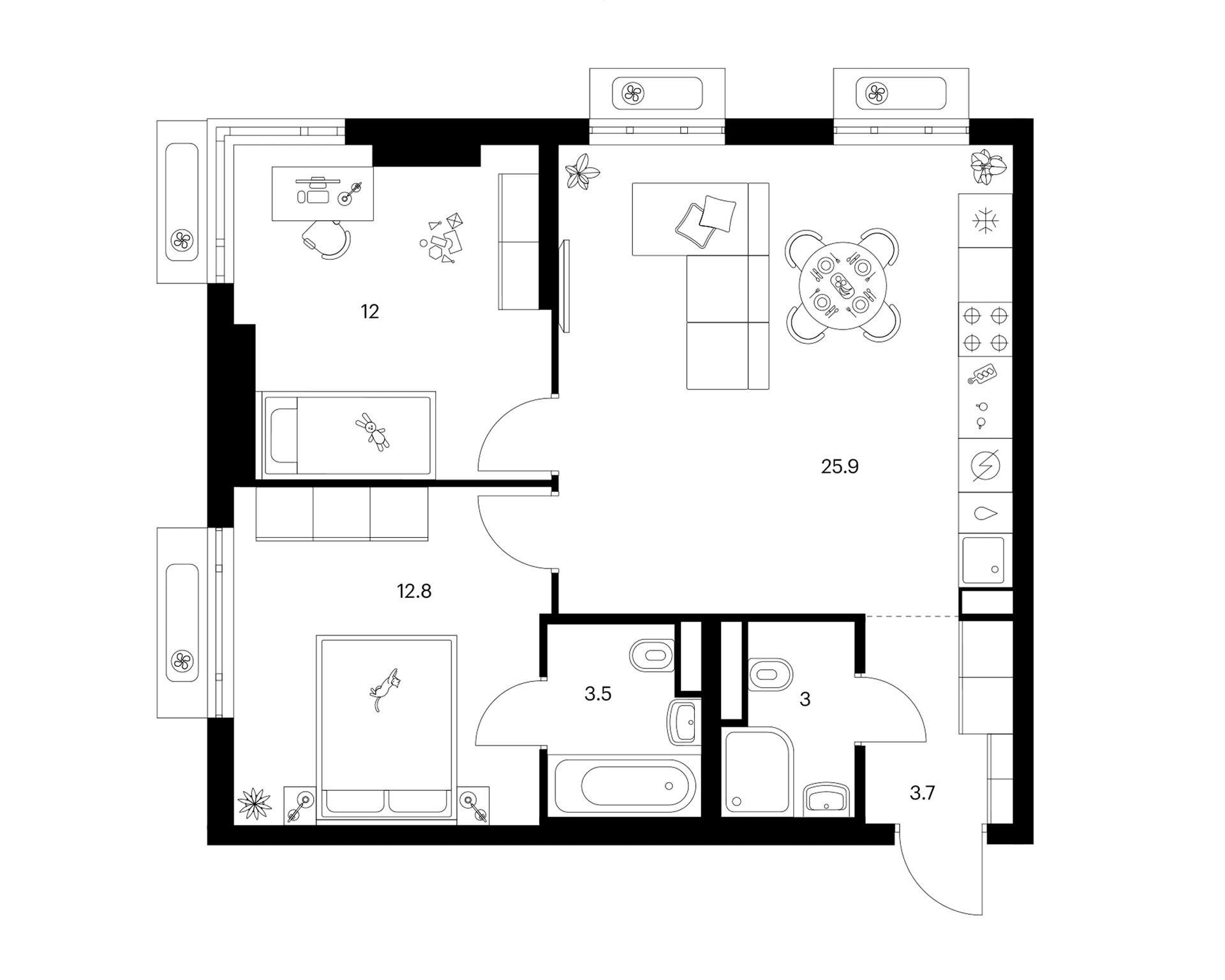 Планировка: 2-комнатная квартира 60,9 м² в ЖК «Мичуринский парк»