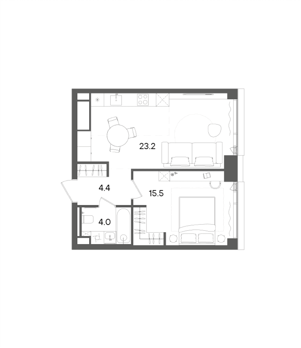 Планировка: Евродвушка 47,1 м² в ЖК «СТОУН Грэйн»