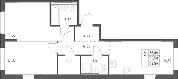 Планировка: Евротрёшка 59,5 м² в ЖК «Химки Парк»