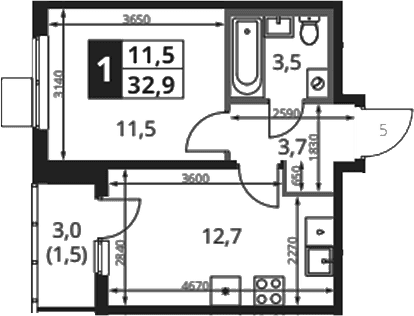 Планировка: 1-комнатная квартира 31,4 м² в ЖК «1-й Ясеневский»