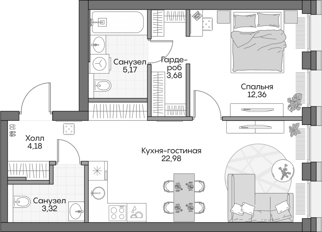 Планировка: Евродвушка 51,2 м² в ЖК «Инсайдер»