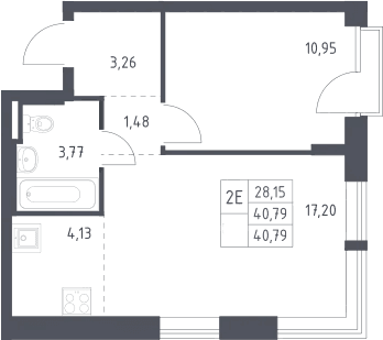 Планировка: Евродвушка 40,8 м² в ЖК «Квартал Авиаторов»