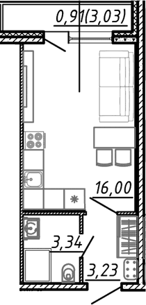 Планировка: Студия 22,6 м² в ЖК «Догма Юкки»