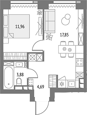Планировка: Евродвушка 38,4 м² в ЖК «Апсайд Тауэрс»