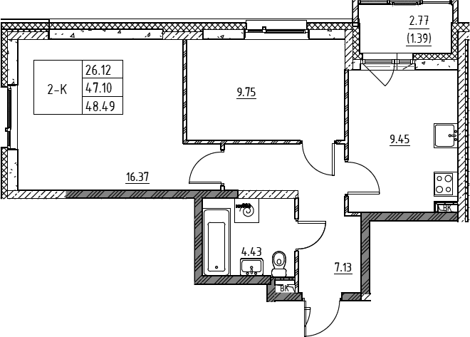 Планировка: 2-комнатная квартира 47,1 м² в ЖК «Город-спутник Южный»