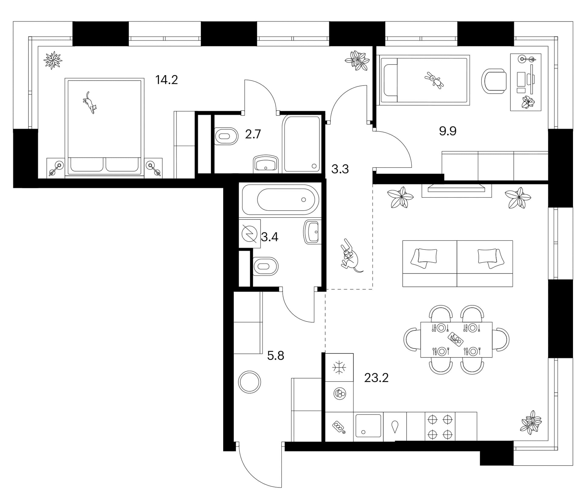 Планировка: 2-комнатная квартира 62,5 м² в ЖК «Москворечье»