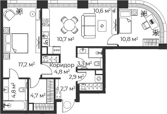 Планировка: Евротрёшка 72,4 м² в ЖК «Веер»