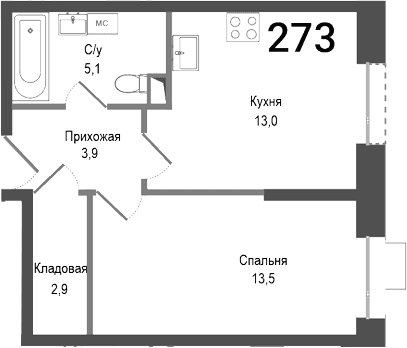 Планировка: 1-комнатная квартира 38,4 м² в ЖК «Киноквартал»